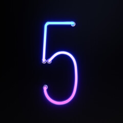 Number 5, Alphabet. Neon retro 3d number isolated on a black background. 3d illustration.