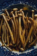 Sautéed Enoki Mushrooms with garlic, sesame oil, soy sauce, East Asian cooking on blue and white Japanese plate