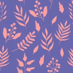 Photo sur Plexiglas Pantone 2022 very peri flowers and leaves seamless pattern hand drawn. vector, minimalism, scandinavian, monochrome, trendy colors 2022. simple abstract plants. wallpaper, wrapping paper, textiles, background.