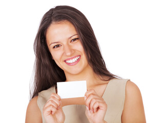 Call us..weve got the solution to your business needs. A young businesswoman smiling and holding a business card while isolated on white.