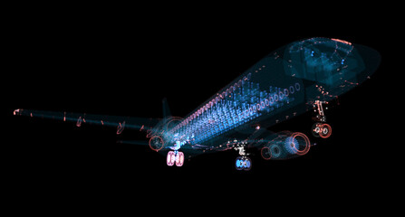 Fototapeta na wymiar Airliner consists of luminous lines. Transport and technology concept