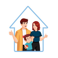 Family house concept. Happy family, dad, mom, son show thumbs up. Approval concept. Flat style illustration