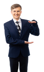 Portrait of a man in a blue business suit with a tie. Serious businessman raised his hands forward. place for an inscription. isolated. White background.