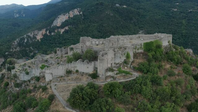 Acropolis And Fortification Castle of Mystras At Archaeological Site of Mystras In Laconia, Peloponnese, Greece. - aerial