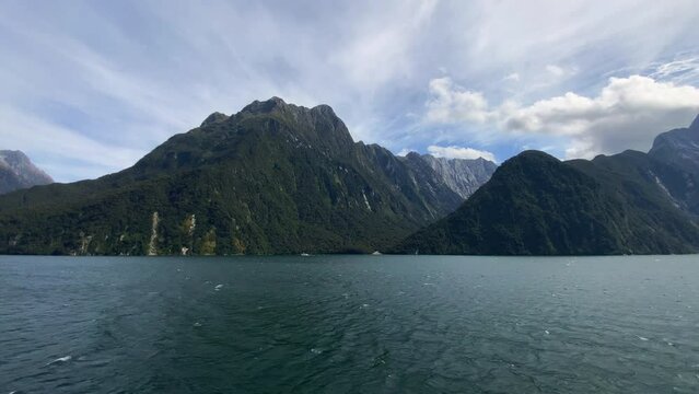 Milford Sound cruise, view of gorgeous mountains in Fiordland National Park, New Zealand