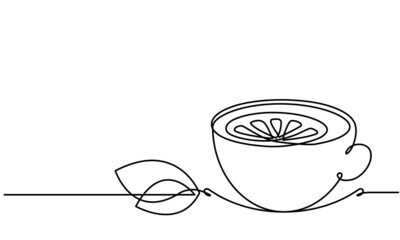 Cup of tea and lemon slice. Mint tea. Green tea. Vector sketch. Continuous line drawing. Hot drink aroma. Medical anti-virus drink