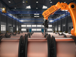 Automation factory concept with  robotic arm with rolls of copper wire