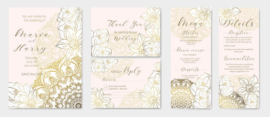 Set of wedding invitations with spring flowers and mandala. Gold outline of spring flowers on a pink background.