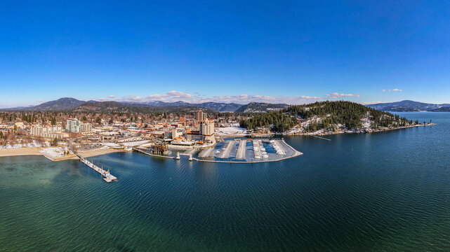 Wide-Angle Cityscape View Of Coeur D'Alene, ID And Lake Coeur D'Alene During Winter