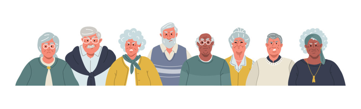 Old people with angry,disappointing,skeptic,mad faces.Vector flat illustration
