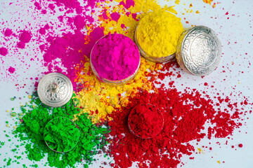 Organic Gulal colors in silver bowl for Holi festival