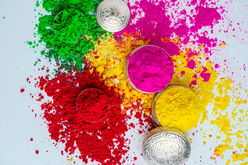 Organic Gulal colors in silver bowl for Holi festival