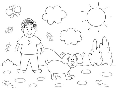 coloring page of a boy walking with his dog, cute black and white design with clouds, the sun and more shapes to color. you can print it on standard 8.5x11 inch paper