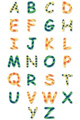 Children's font in the cartoon style of "childhood." Set of multicolored bright letters for inscriptions.