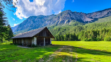 An abandoned hut with a scenic view on mount Dobratsch in the natural park Dobratsch in Villach,...