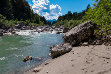 The river Gail flowing through the Schuett in the natural park Dobratsch in Villach, Carinthia,...
