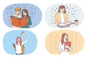 Set of happy young people with books enjoy studying learning new information. Collection of smiling students with textbooks in college or university. Education. Vector illustration. 