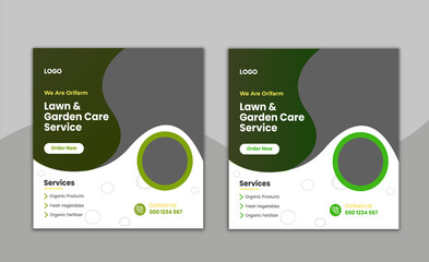 Agricultural and Farming care Services social media banner design or organic farm square template. Easy suitable for social media post, flyers, web banner, landscape, agro industry and gardening.