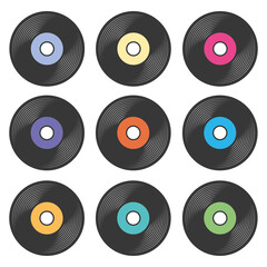 Vinyl record icon set in different label colors, lp record symbol