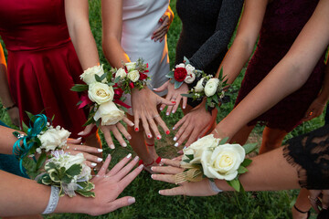 A circle of wrist corsages before a school prom dance. Beautiful group of girls wearing traditional flowers at the homecoming dance