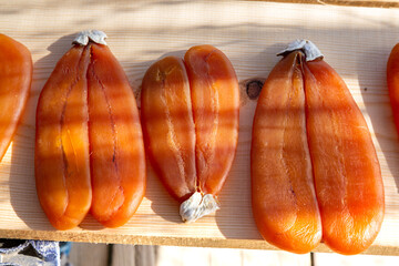 Mullet caviar. Known as Karasumi in Japanese, Bottarga in Italian and Butarka in Turkish, it is a food product made by salting mullet eggs and drying them in sunlight.