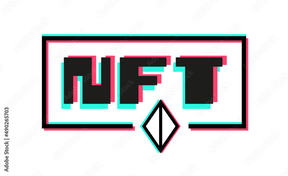 Poster NFT Blockchain glitch type crypto banner vector design with pixel future cyber neon theme. Non Fungible Token background template.