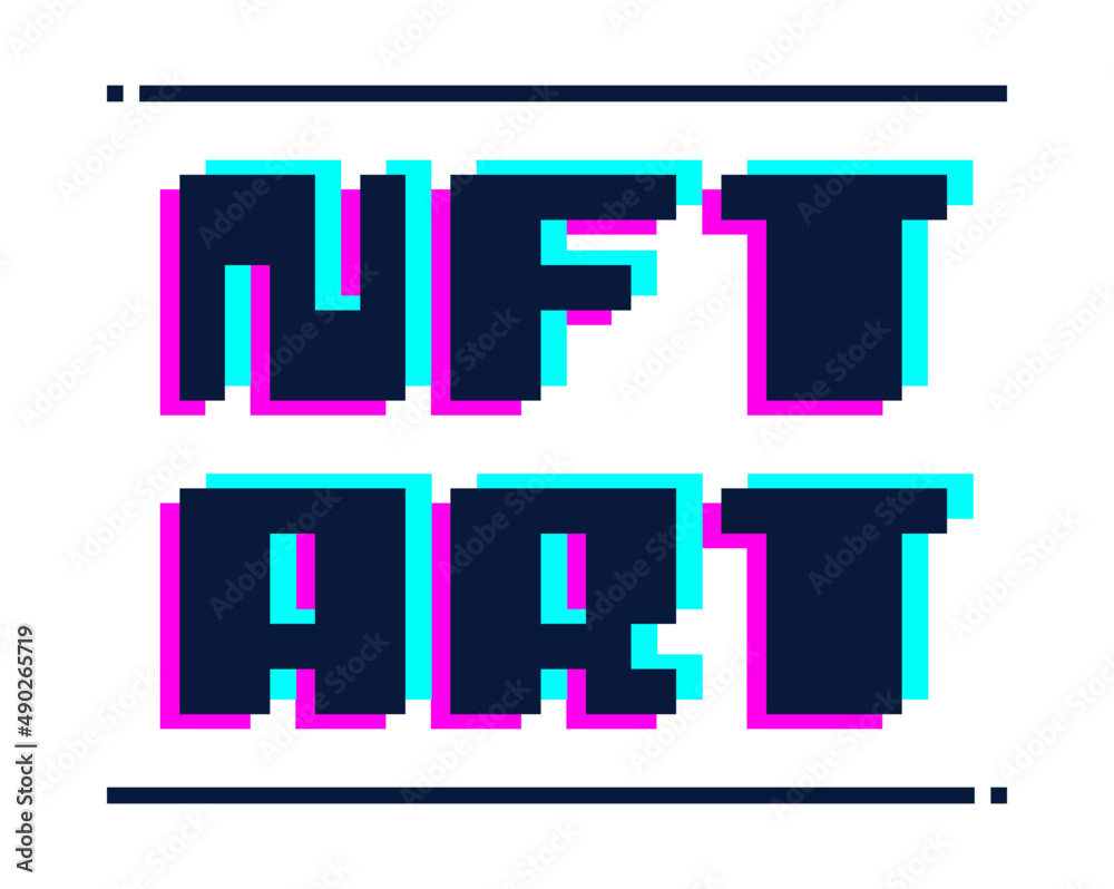Aufkleber NFT Blockchain type crypto banner vector design with pixel future cyber neon theme. Non Fungible Token background template.