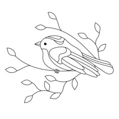 Coloring book page for children. A small bird on a branch with leaves