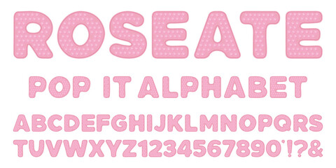Pastel pink popit alphabet and numbers set in fidget toy style. Pop it font design as a trendy silicone toy for fidget in delicate color. Bubble sensory letter as popit. Isolated cartoon vector - obrazy, fototapety, plakaty