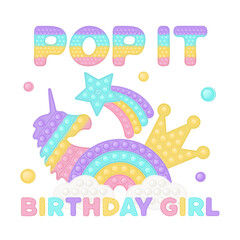 Popit birthday girl sublimation in fidget toy style. Pop it t-shirt design as a trendy silicone toy for fidget - rainbow letters. Bubble pop it birthday lettering. Isolated cartoon vector illustration