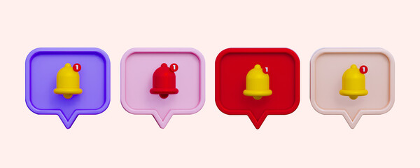 set of notification bell icon. 3d render yellow ringing bell with new notification for social media reminder. 3D Illustrations.