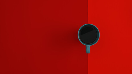 Above view coffee cup on red background with copy space.