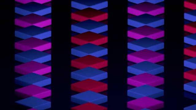 A looped abstract background of blue, purple and red cubes that move diagonally, intersect during movement, but do not collide. Dark background.