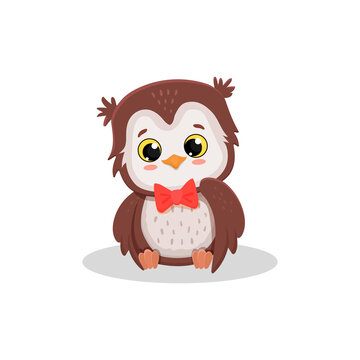cute cartoon owlet with red bow isolated on white background.Owl.Vector illustration