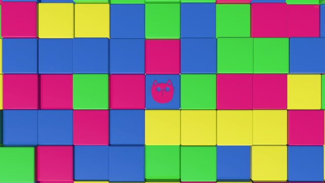 Abstract background of colored randomly moving ascending square cubes, on which colored muzzles of cats with different eyes appear. Animation of a 4k loop with a top view.