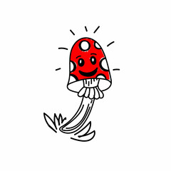 Fototapeta premium Cute Mushroom Amanita. Halloween. Hand-drawn doodle-style elements. Cute poisonous mushroom for a witch potion. Red and white polka-dotted mushrooms.