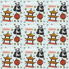 Travel to China doodle seamless pattern vector design. Lantern, Panda and noodle are identic icon with China.