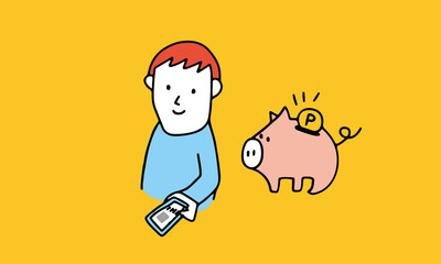 スマートフォン決済でポイントをお得に溜める人のイラスト
