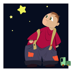 A poor little cloud boy in rags with scarves holds a typewriter on a rope and looks dreamily at the bright stars