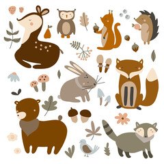 Obraz premium Set of cute forest animals: owl, squirrel, hare, bear, fox, raccoon, hedgehog, nightingale, deer and gifts of nature. Vector illustration isolated on white background in warm colors