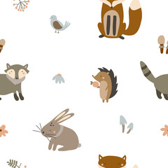 Seamless pattern of cute forest animals: hare, fox, raccoon, hedgehog, nightingale with gifts of nature. Vector illustration isolated on white background in warm colors