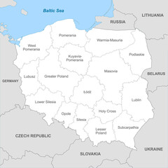 Political map of Poland with borders with borders of regions