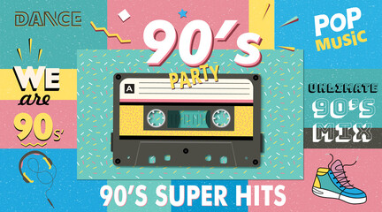 Musical mix of the 90s. Fashionable. Retro style club. 90s party, 90s fashion, 90s background, 90s and 80s graphics, 90s style, pop music party 1990, vintage night. Easy editable Memphis poster design