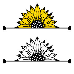 Sunflower border decor with half flowers outline drawing. Blooming splitted flowers decoration. Black and white illustration on white background.
