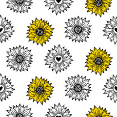 Sunflower seamless pattern. Summew wild blooming flowers background. Black, yellow and white illustration.