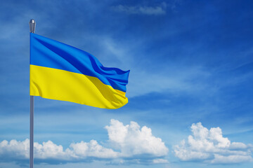 Ukraine flag on the blue sky. Close up waving flag of Ukraine with place for your text. Flag symbols of Ukraine. 3d rendering.