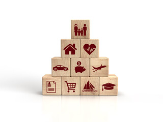 wooden block with different types of insurance icons life insurance concept on a white background.