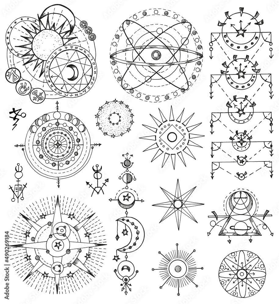 Wall mural black and white design set with fantasy mystic symbols and signs of sun and moon isolated on white b