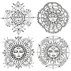 Black and white design set with fantasy mystic symbols and signs of sun and moon isolated on white background. Celestial hand drawn vector illustrations with esoteric, occult and gothic concept