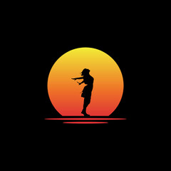 silhouette of woman with sunset on the beach illustration logo design